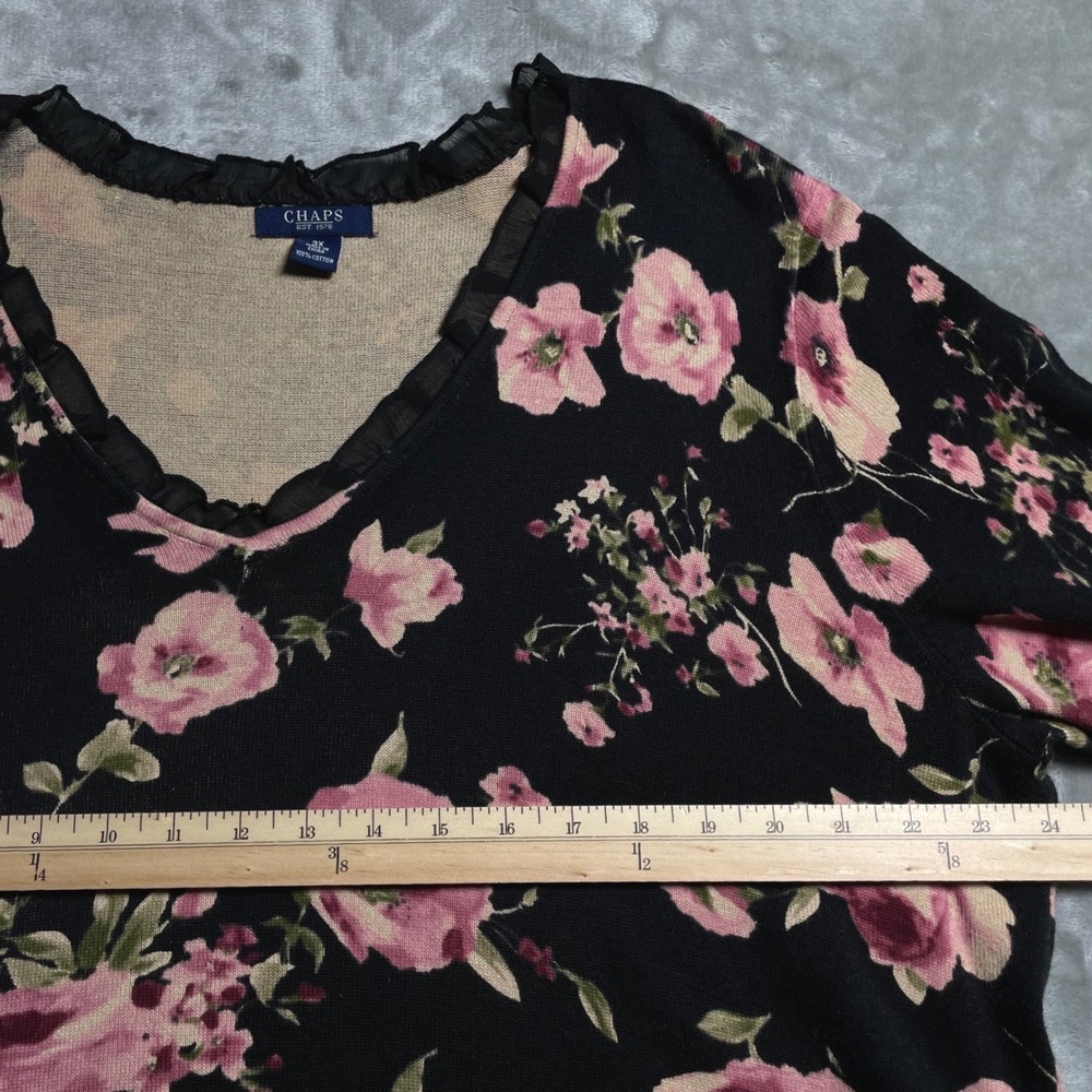 Chaps Womens 3X Black Pink Floral V-Neck Sweater Mesh Ruffle Trim 3/4 Sleeve - Picture 12 of 12